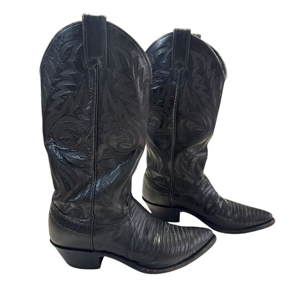VTG 90s Justin Women Block Heel Cowboy Boots Black Lizard Leather 6B Western EUC - Picture 1 of 9